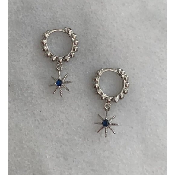 Sterling Silver Beaded Crystal Star Dangle Huggie Hoop Earrings - Picture 1 of 3